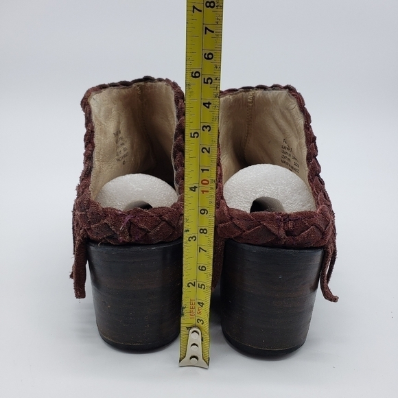 FREEBIRD women US 8 burgundy mules braid fringe suede stacked block heel leather - Picture 12 of 13